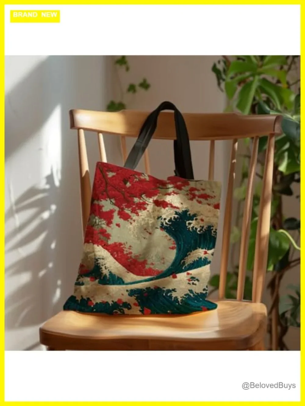 Canvas Tote Bag The Great Wave off Kanagawa with Red Maple Totes Reusable